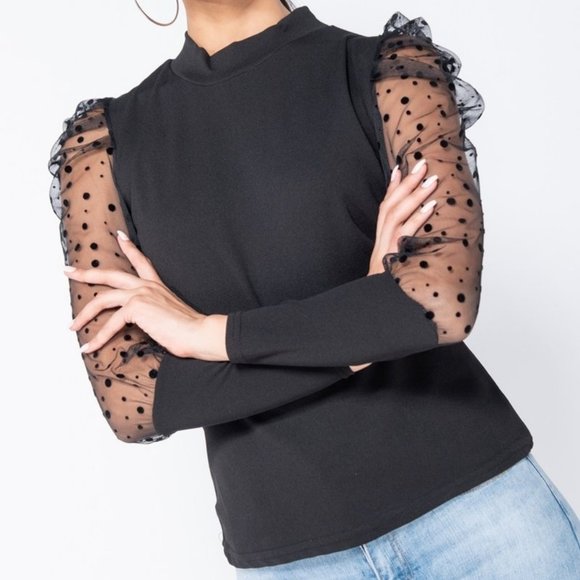 Tops - Black Long Mesh Polka Dot Sleeve High Neck Top